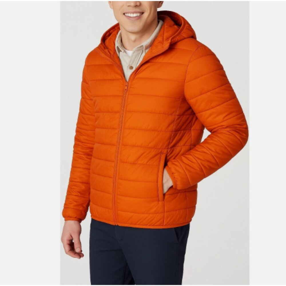 Men's Lightweight Water-Resistant Hooded Puffer Jacket - Sz. 2XL - Orange
